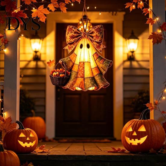 Decorative Resin Crafts Lighted Vintage Patchwork Ghost Door Hanger, Rustic Farmhouse Figurine, LED Light Up Realistic Figurine Halloween Spooky