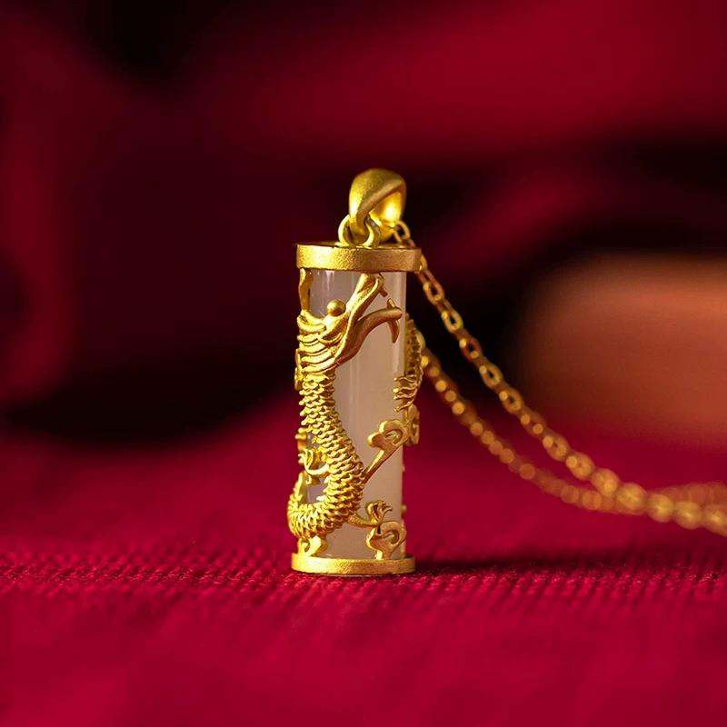 Longteng Four Seas Necklace Ancient Gold Dragon Pattern Pendant Necklace Female Retro Engraved Metal Chain Clavicle Chain Advanced Sense
