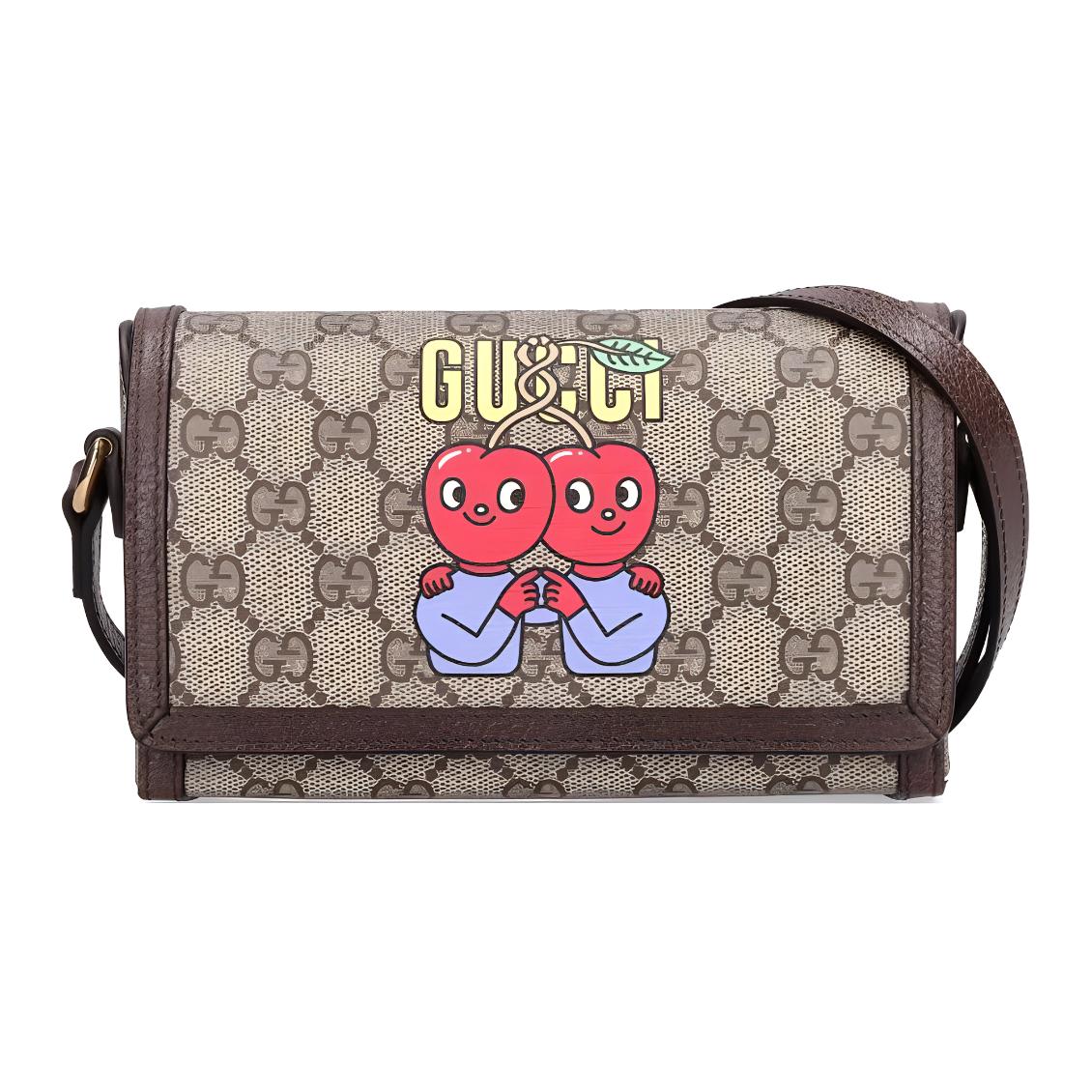 

Gucci Cherry Print Logo Leather Trim Supreme Canvas Box Bag Men Shoulder Bag Brown 700733-U5TAG-8679 Basic Set (Bag+Dust Bag)