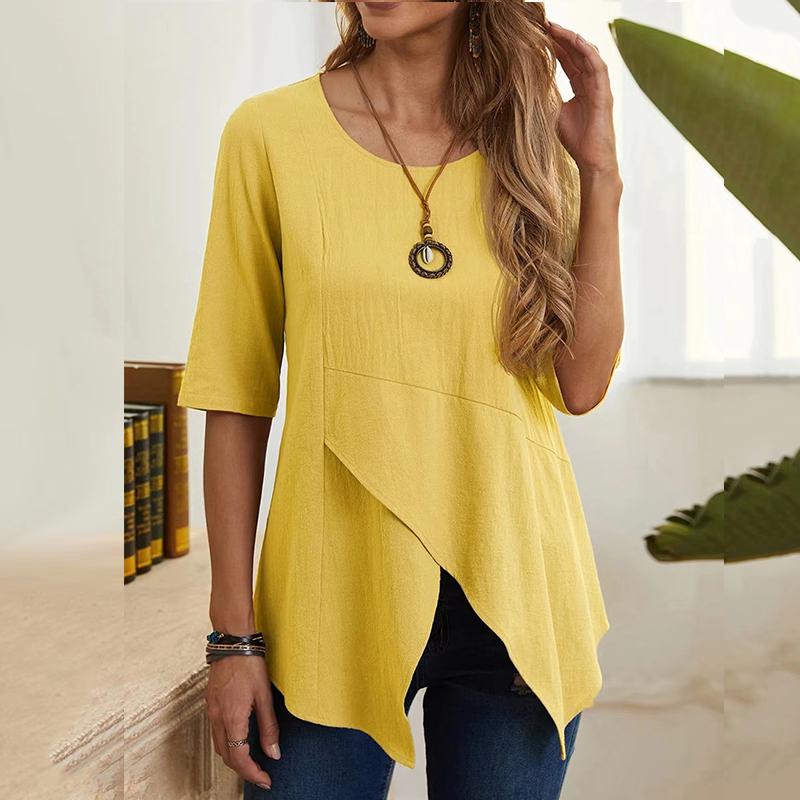 Pull Printemps Été Automne Col Rond Coupe Ajustée Manches Mi-longues Coton Lin T-shirt