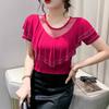 New Chic Summer Elegant Women T-Shirt Clothes Sexy Luxury Shiny Diamonds Tops Short Sleeved Ruffles Mesh Tees Blusas