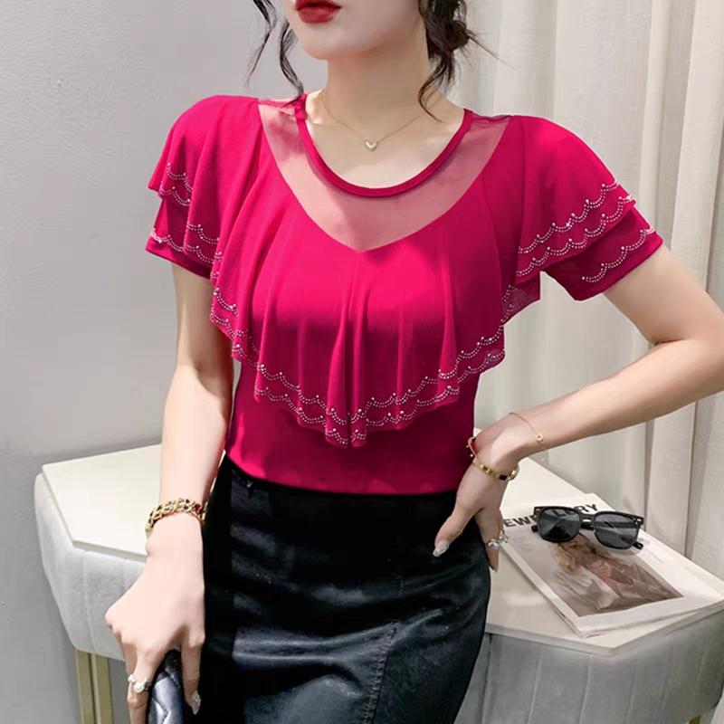 New Chic Summer Elegant Women T-Shirt Clothes Sexy Luxury Shiny Diamonds Tops Short Sleeved Ruffles Mesh Tees Blusas