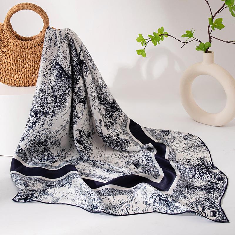 Women's 100% Mulberry Silk Retro Jungle Castle Print Scarf – Elegant High-End Light Luxury Shawl