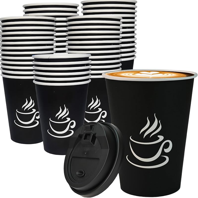 TreeMVI-50 Pack 12oz Coffee Cups with Lids: Disposable Black Coffee Cup Sturdy to Go Leak-Proof Paper Containers Set for Hot and Cold Beverage, Home, 12OZ-50PCS Classic coffee