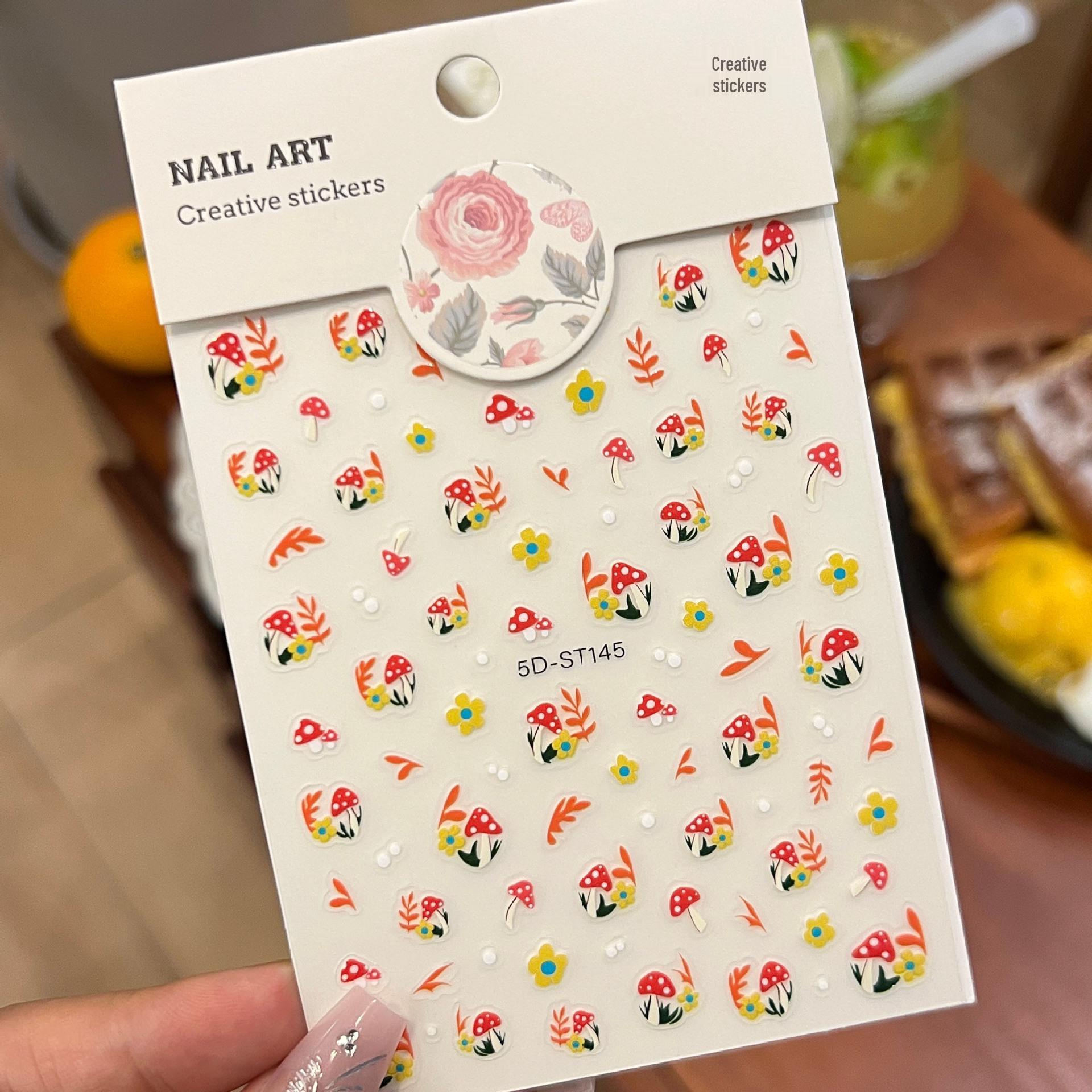

5D Fresh Flower 3D Nail Stickers - Non-Curling Mushroom Design for DIY