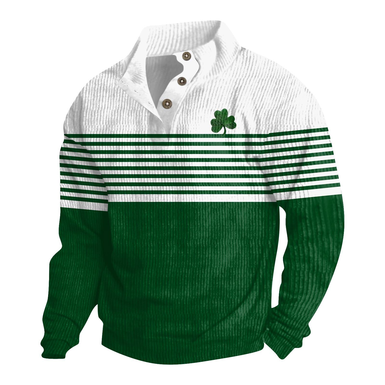 

св. Patrick Чоловічий бавовняний пуловер з довгим рукавом, сорочка на відкритому повітрі, вінтажна вельветова сорочка зі стоячим коміром на ґудзиках, повсякденний світшот, топ з принтом XXL білий