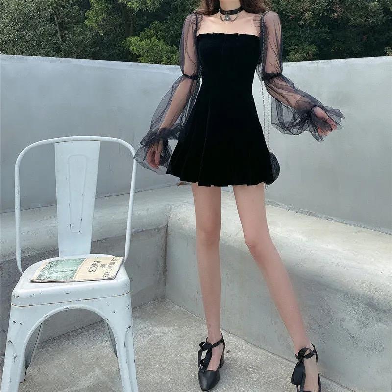 Černé šaty do áčka s vysokým pasem síťovaná gáza Štíhlé sexy šifonové šaty s dlouhým rukávem bez ramínek výstřih dámská móda gotická sladká víla sukně
