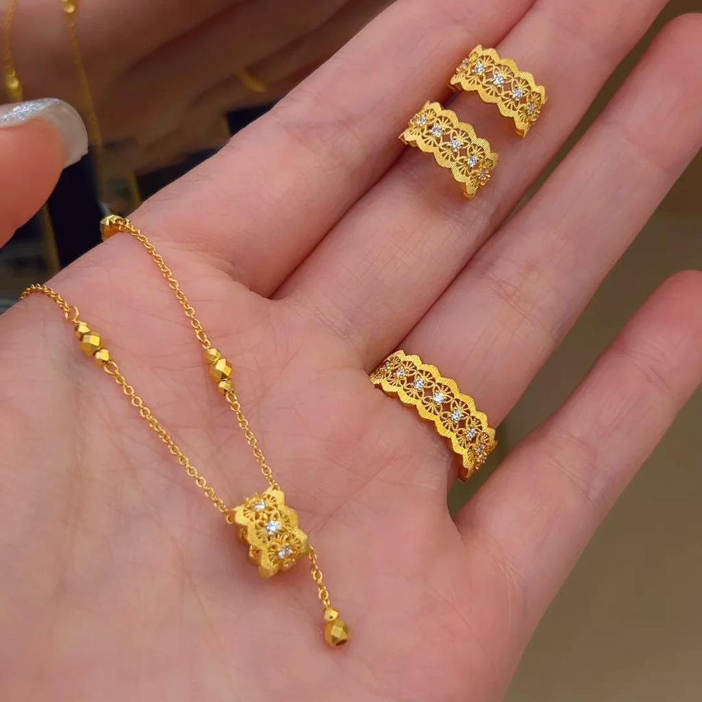 Satin Light Passepartout Fringed Pendant Necklace Filigree Diamond Stud Earrings Gold Lace Open Ring Women