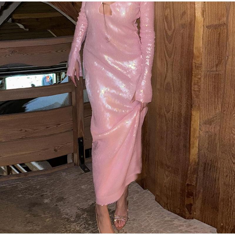 Дамское женское сексуальное длинное сетчатое платье с пайетками и разрезом по талии — фото 9