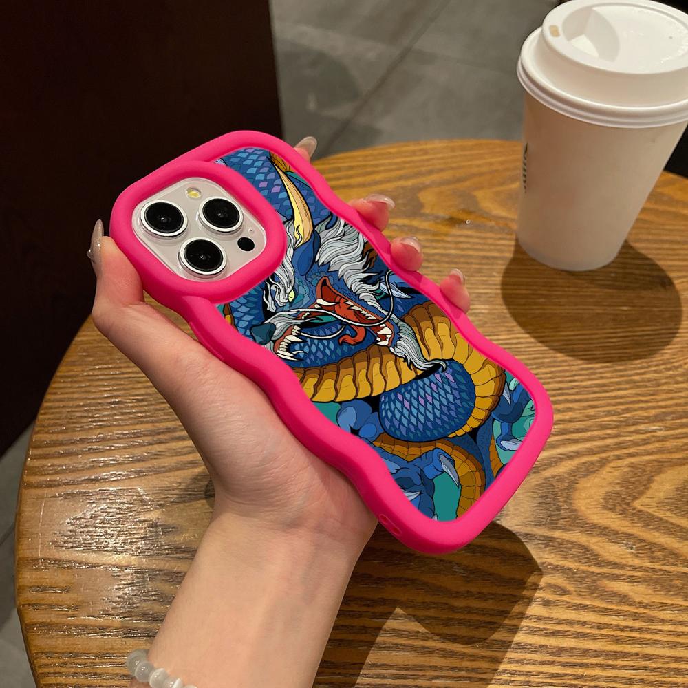 N81 Dragon design art Macaron Wavy Edge Phone Cases for iPhone 16 Pro Max Samsung S24 Plus S23 Ultra A35 A55 Xiaomi Redmi Note 13 Shockproof Cover