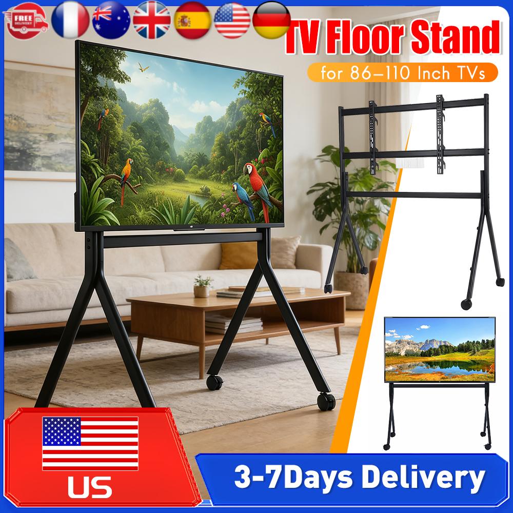 Mobile TV Cart Floor Stand for 86-110 Inch TV 360°Swivel Height Adjustable with Wood Shelf Easy Assembly for Living Room Outdoor