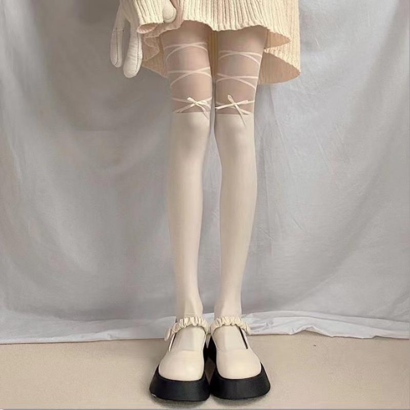 

Чулки Женское нижнее белье с бантами Лолита Милые девушки Длинные колготки Носки Черно-белые Сексуальное нижнее белье для женщин One Size бежевый