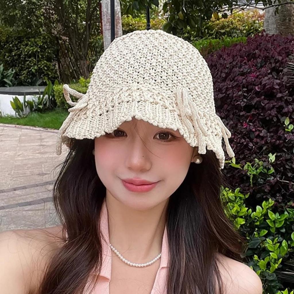 Women Summer Knitted Breathable Bucket Hat Sweet Bow Hollow Out Sun Protection Fishermen Cap Y2K Korean Girl Visors Hats