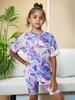 Girls Set Cute Tie Dye 3D Print Summer Children's Short Sleeve Shirt Casual O-Neck Tee Outdoor Loose Comfortable Children's Suit