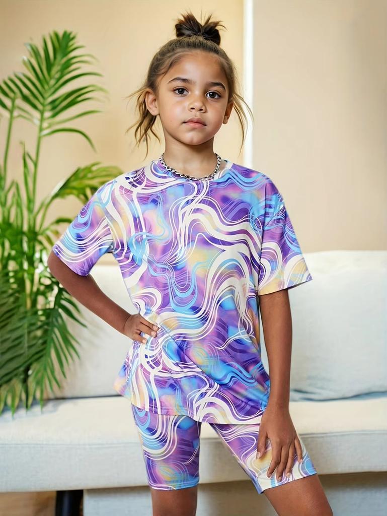 Girls Set Cute Tie Dye 3D Print Summer Children's Short Sleeve Shirt Casual O-Neck Tee Outdoor Loose Comfortable Children's Suit