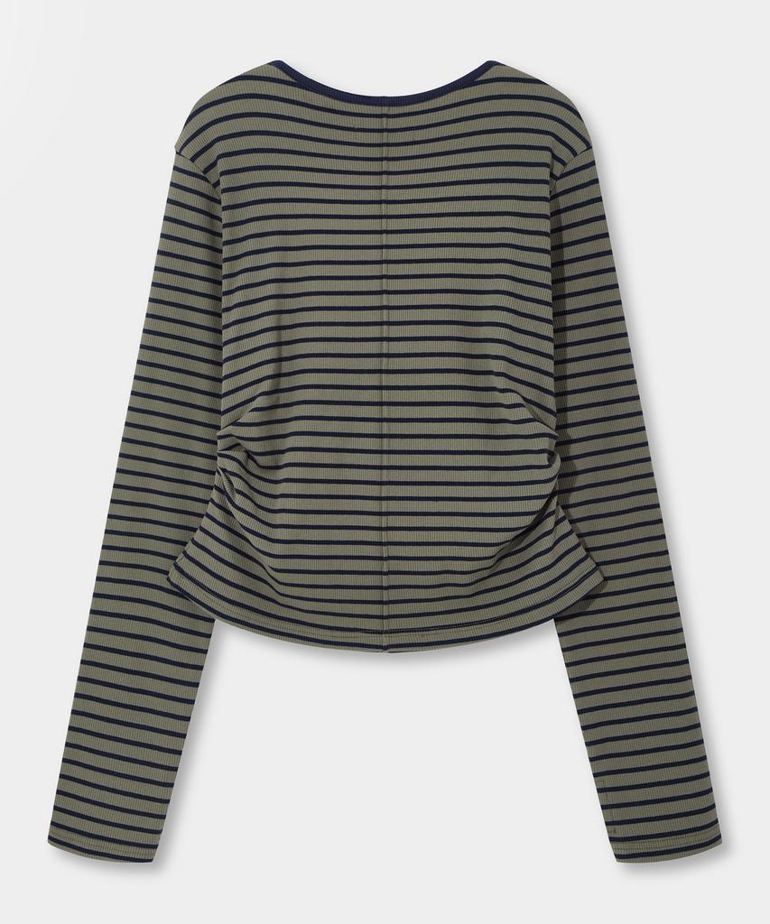 Yujen Henley Neck Shirred Long Sleeve T-Shirt_Stripe Khaki & Navy