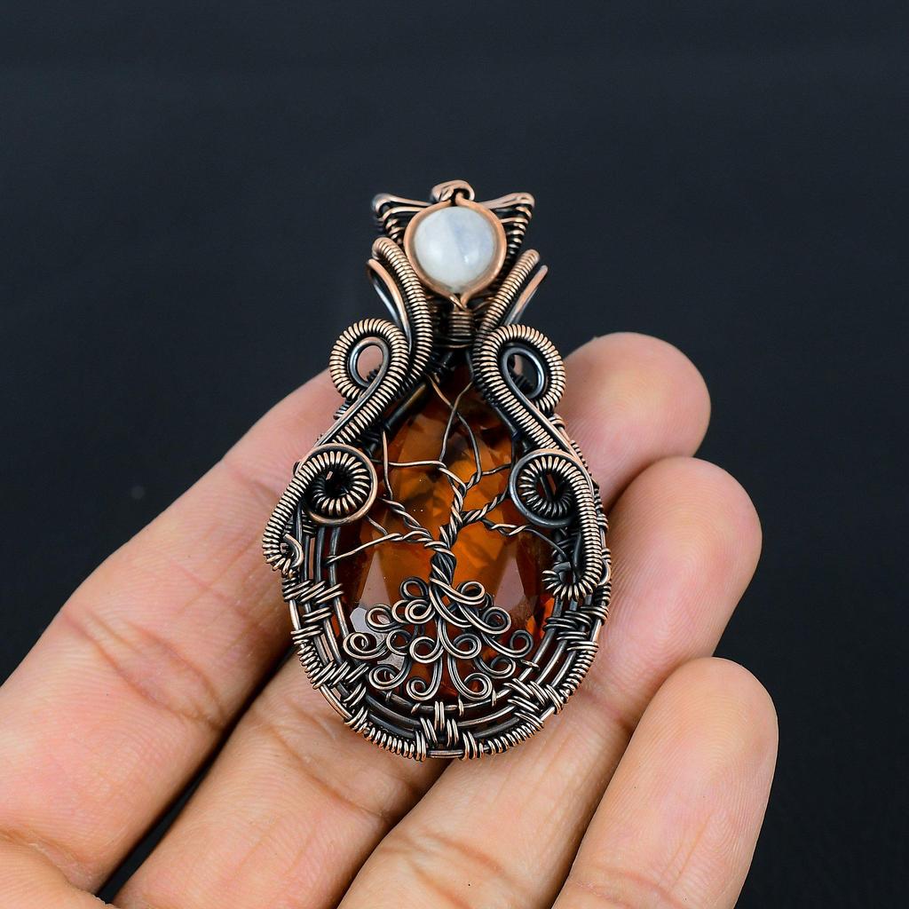 Citrine & Moonstone Gemstone Handmade Pure Copper Wire Wrap Jewelry Pendant For Thanksgiving