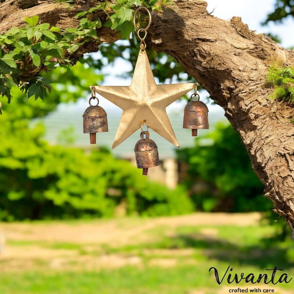 Rustic Star Wind Chime With 3 Bells Gold Metal Hanging Chime For Yard Garden Porch Balcony Outdoor Indoor Farmhouse Boho Home Decor Ornament