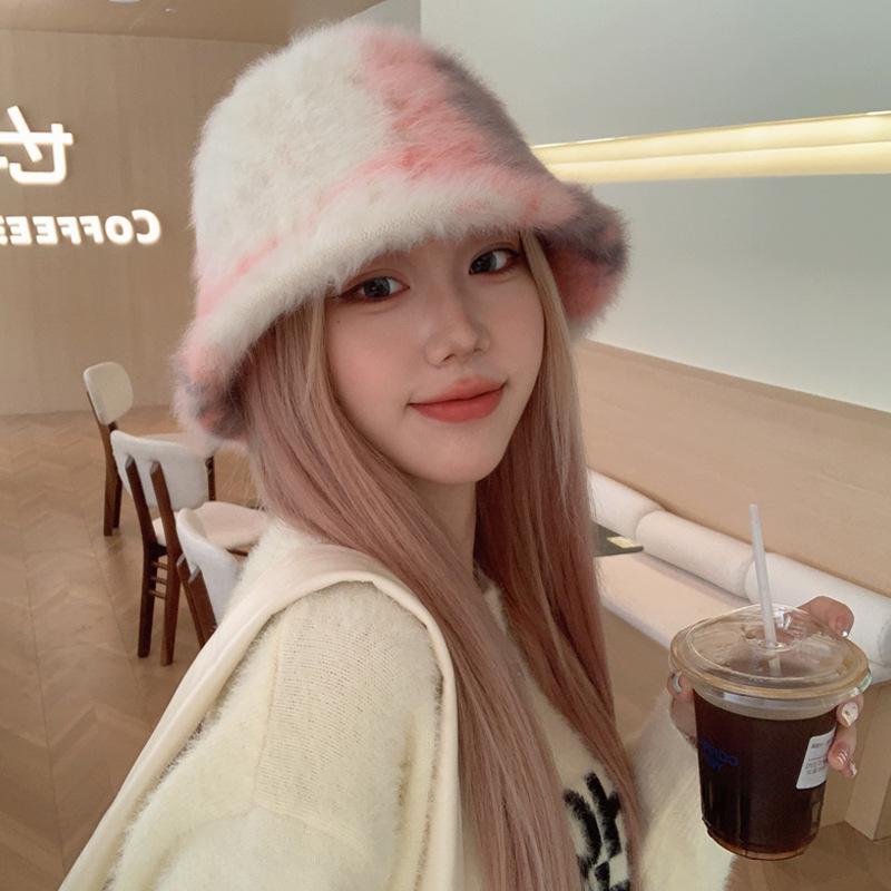 New autumn and winter high-end tie-dye rabbit hair contrasting color hair bucket hat women's outdoor travel fashion basin hat