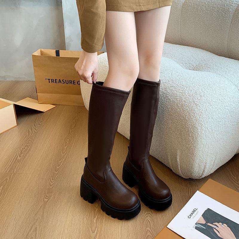 Thick-soled Heightening Boots Women's 2025 New Early Autumn Black Knight Boots Small Man But Knee-high Boots