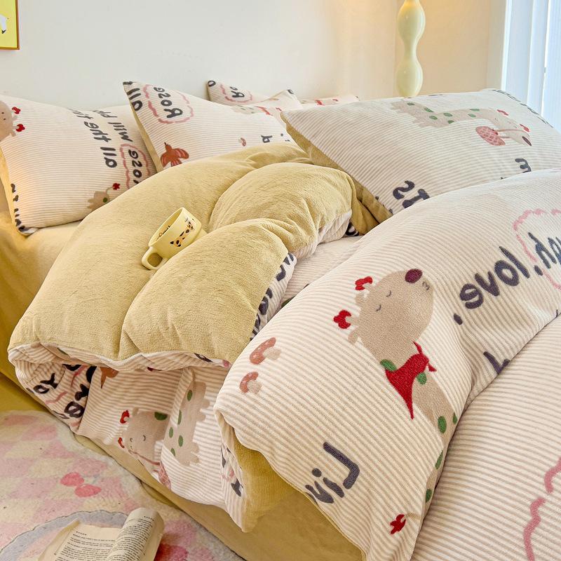 Thickened Milk Fleece Four-Piece Set Double-Sided Coral Flange Fleece Bed Sheet Quilt Cover Three-Piece Set Of Bed Hat