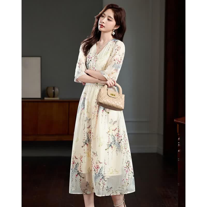 Demana Chinese Style Embroidered Chiffon Puff Sleeve Dress