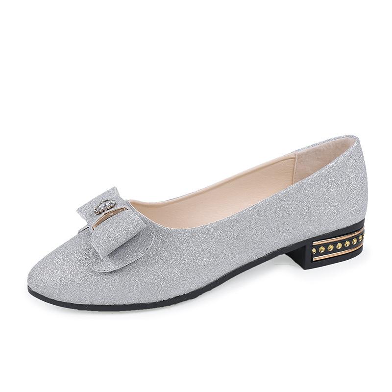 Women Glitter Flat Shoes Bow Rhinestone Decor Low Heel Slip‑On Pumps Elegant Party Wedding Evening Dress Shoes