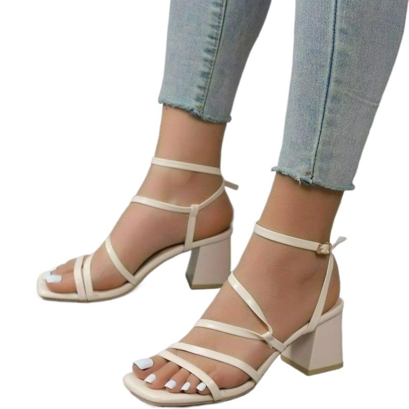 Luxusní sandály Dámská móda Léto Dámské vysoké podpatky Jednoduchá čtvercová špička Otevřená špička Sandály na podpatku Pásky Dámská obuv Velikost 36-43