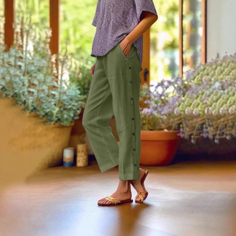 Women's New Breathable Cropped Pants Decorative Buckle Side Pocket High Waist Loose Casual Pants