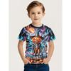 Round Neck 3D Pumpkin Printed Top Fashionable Short Sleeved Children's Boy T-shirts - Soft Medium Stretch Polyester Fabric Summer Relaxed Fit Clothing