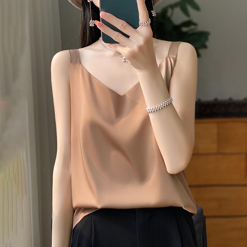 VEZFAA Women's Fashion Casual Solid Color Print Summer Spring Sleeveless V-Neck Blouses & Shirts