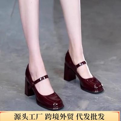 Korean Version of the Spring 2025 New High Heels Women's Block Heel Versatile Square Toe Elastic Strap Fashion Single Shoes