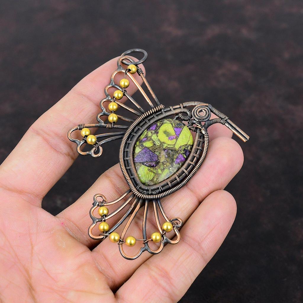 Copper Stichtite Pendant Copper Wire Wrapped Pendant Handmade Bird Pendant Copper Jewelry Gemstone Pendant Gift For Mother Wire Wrap Jewelry