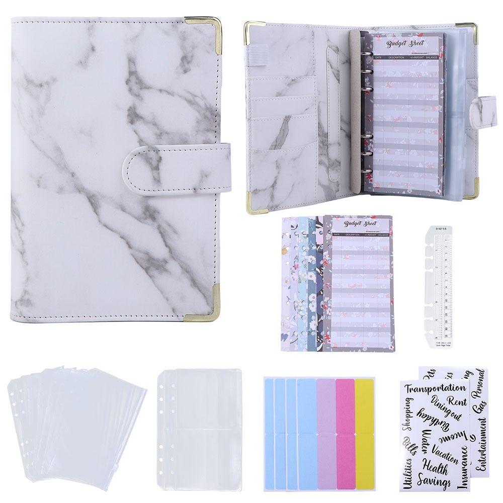Zipper Envelope PU Leather Notebook Binder 6 Ring Binder Marble Budget Binder Marble Notebook
