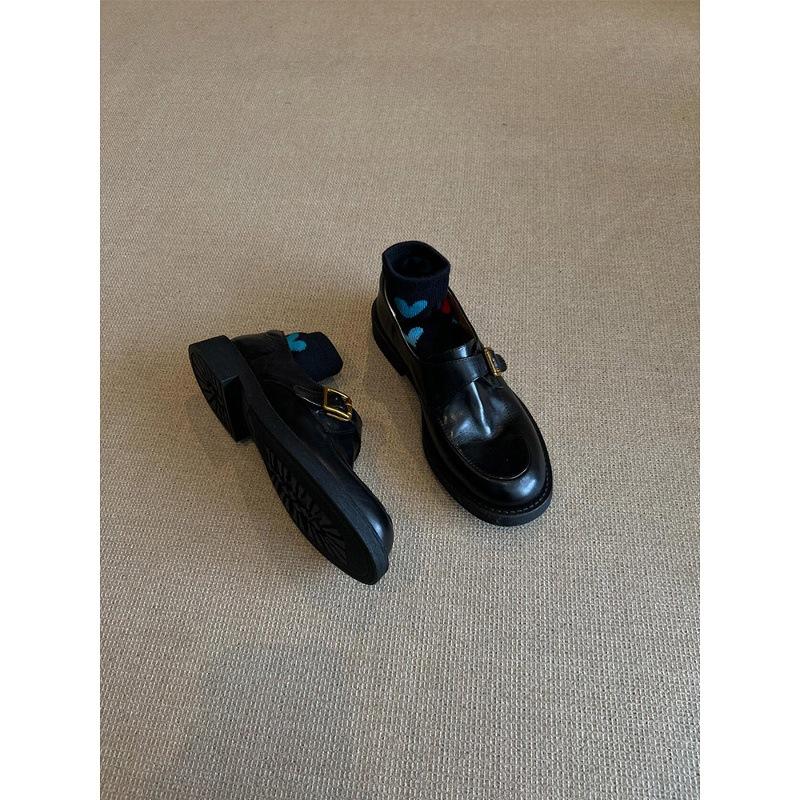Retro Shoes, Women's Belt Buckle, One-foot Shoes, Round-toed Single Shoes
