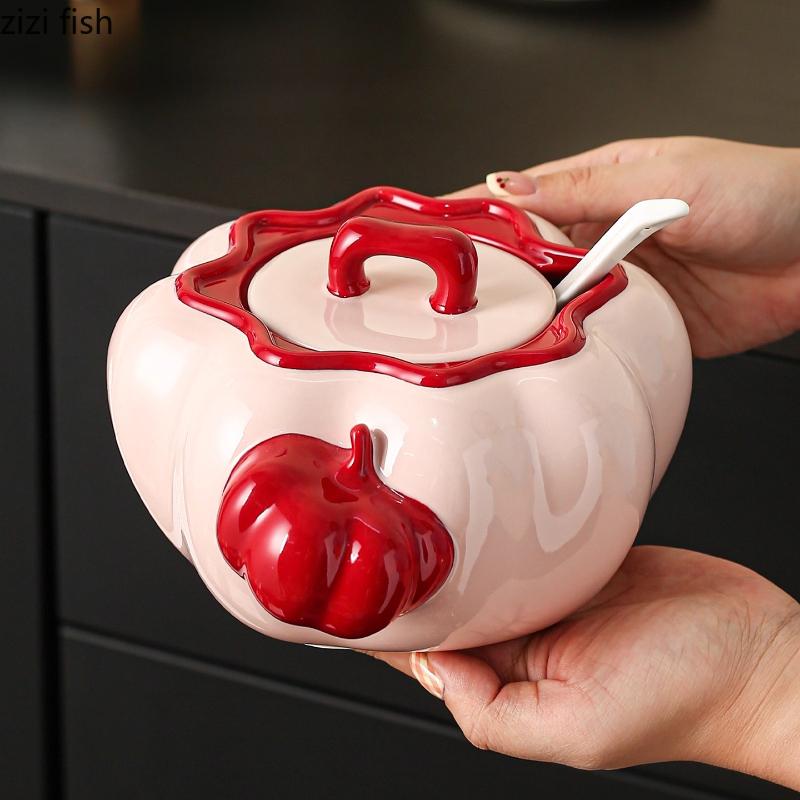 Pumpkin Ceramic Storage Jar Lard Pot Storage Bottle Spice Jar Storages Tank Salt Shaker Chili Jars Lard Bowl with Lid Organizer