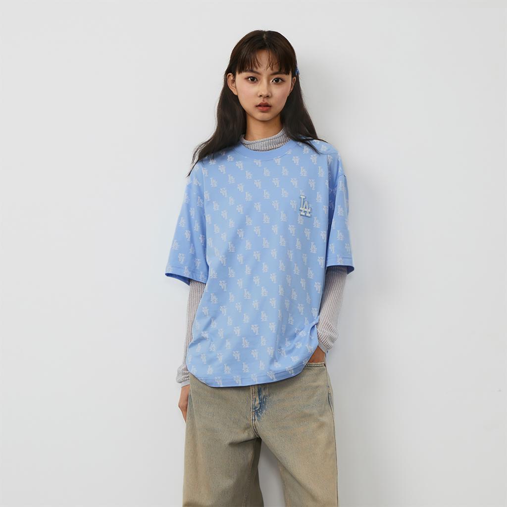 New MLB MONOGRAM Collection Los Angeles Dodgers T Shirt Unisex Sky Blue 3ATSM0243-07SBS