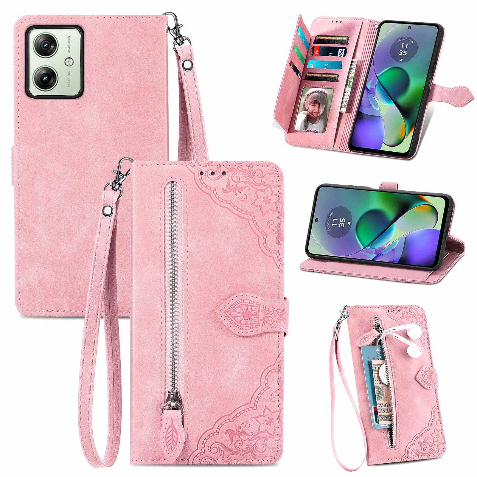 

For Motorola Moto G54 5G Zipper Wallet Case with Strap Flower Imprint PU Leather Phone Cover Pink