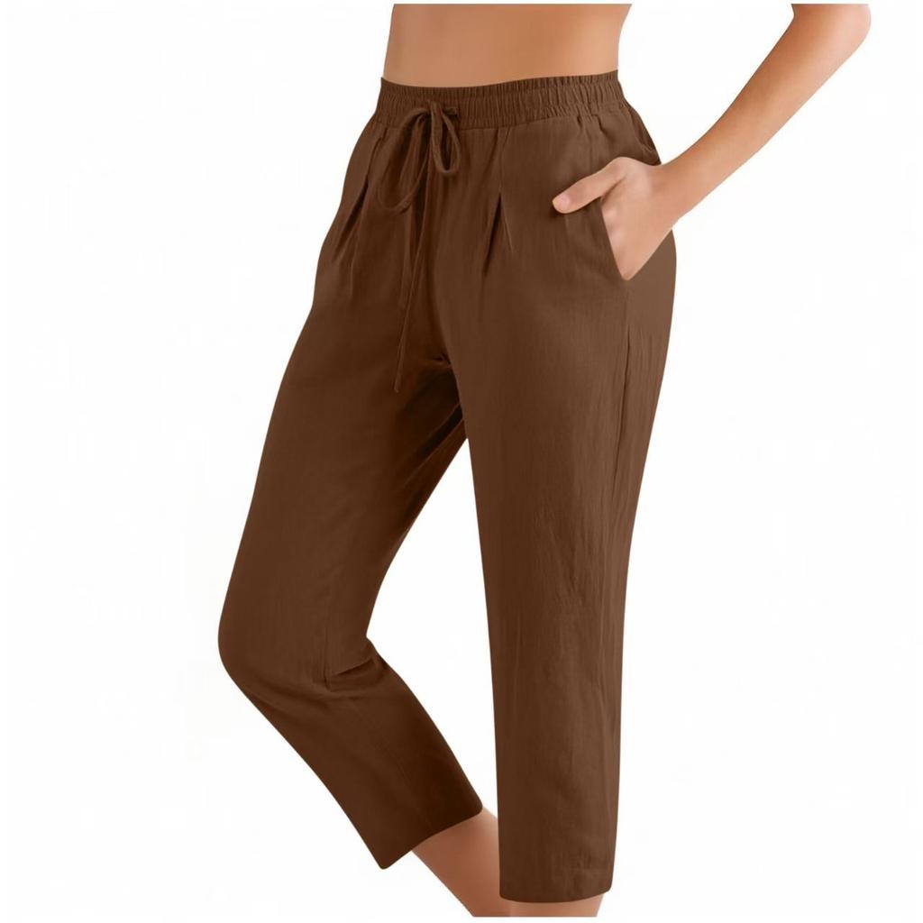 Pantaloni Capri da Donna in Misto Lino con Coulisse Vita Elastica Pantaloni Corti Casual con Tasche