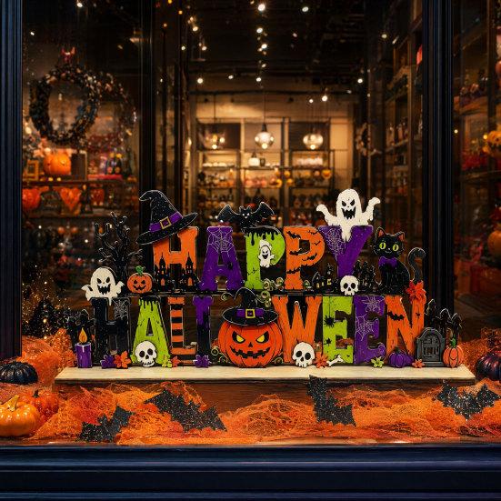 Fall Season Shelf Decor Happy Halloween Wooden Sign Ornaments with Pumpkin Ghost And Bat Elements for Decorative Party Props Tiered Tray Table Autumn