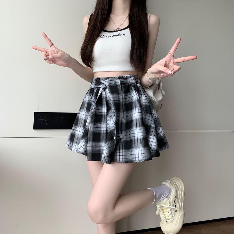 2025 Summer British Retro Plaid High Waist Slimming Midi Skirt for Women