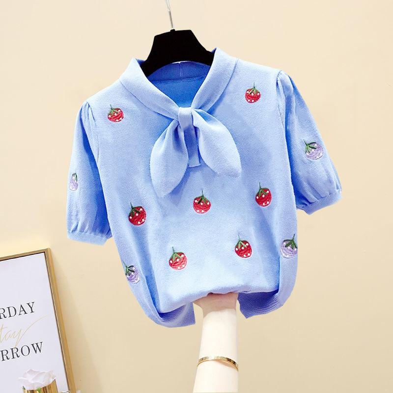 

Летняя одежда для девочек, короткий рукав, бант, клубника, вышитый свободный топ 130