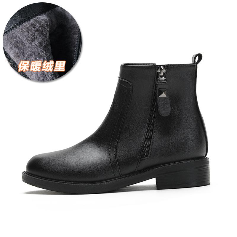 Coarse Heel Leather Short Boots Women's Autumn and Winter Martin Boots Fleece Warm Side Zipper Women's Boots Large Size Shoes Boots S600