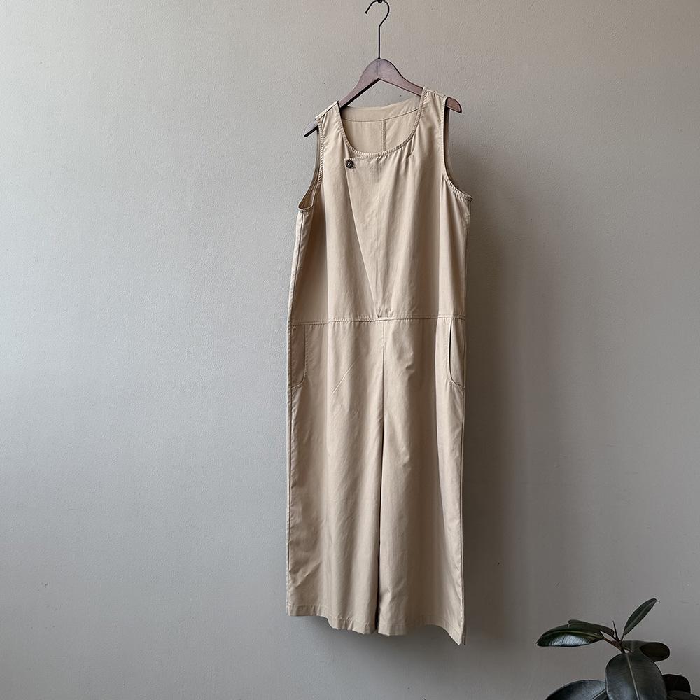 

Johnature Japanese Jumpsuits Women Summer Solid Color Sleeveless Loose Casual Loose Wide-leg Cropped Jumpsuits L хаки