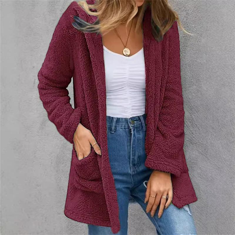 Herbst Winter Basic Jacken Damen Strickjacke Doppeltasche Kapuze Einfarbig Fleece Strickjacke Jacken & Mäntel
