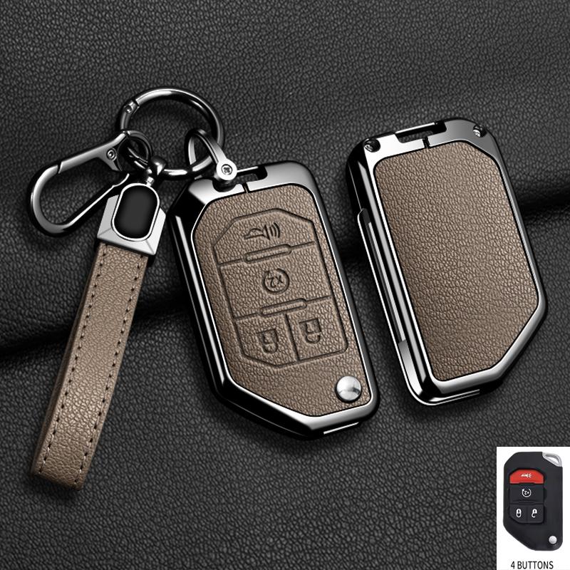 Zinc Alloy Leather Car Key Case Cover for Jeep Wrangler JL JLU Rubicon Gladiator JT Sahara JLU 2018 2019 2020 2021 2022 2023