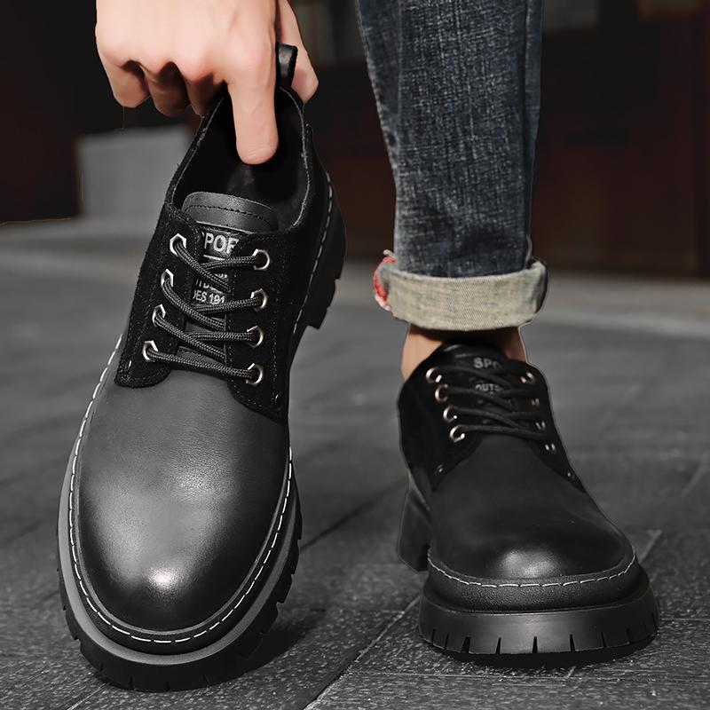 Fashion Mens Shoes Luxury Thick Bottom Black Lace-up Casual Leather Shoes Fashion Trend City Style Comfortable All-match Work Shoes