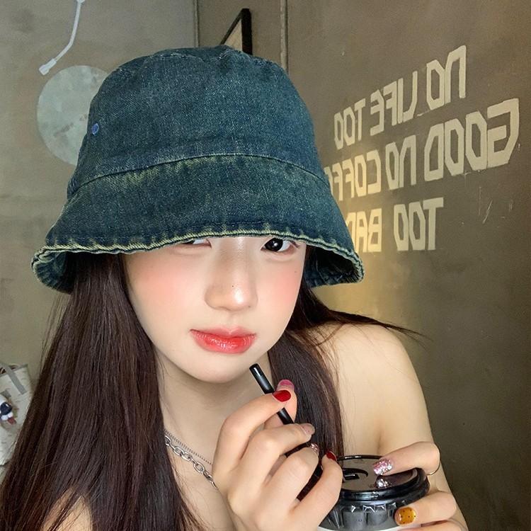 Retro and Old Washed Denim Versatile Bucket Hat Women's Summer Big Head Circumference Showing Face Small Sunshade Sunscreen Basin Hat