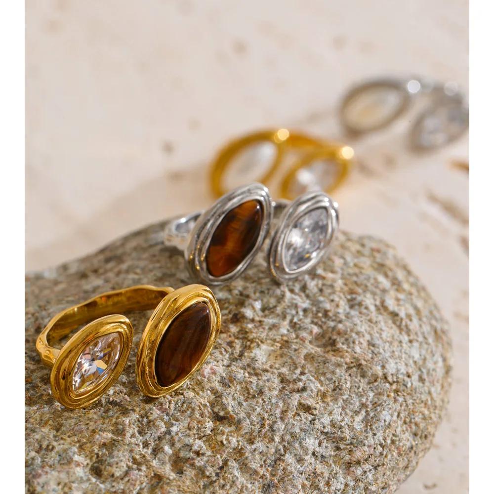 Yhpup Adjustable Stainless Steel Ring Natural Tiger Stone Simulated Pearls Zircon Golden PVD Plated Premium Chic Finger Jewelry