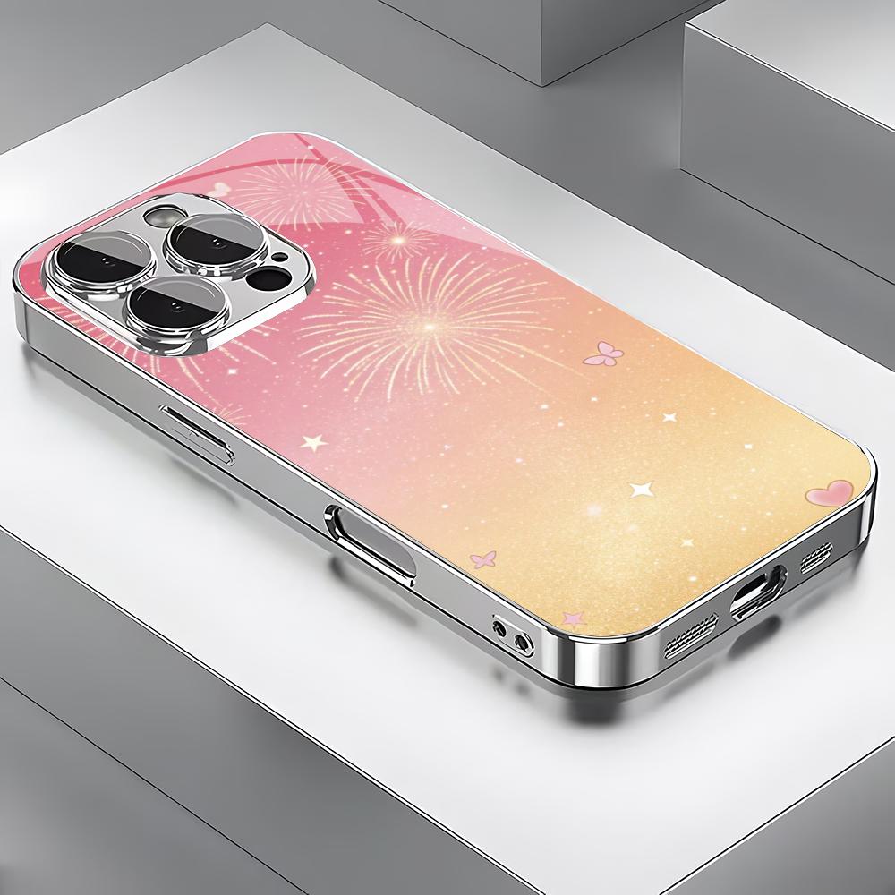 Pink glitter silver plated glass phone case suitable for iPhone 17 16 15 14 13 12 11 Pro/Max/Plus scratch resistant